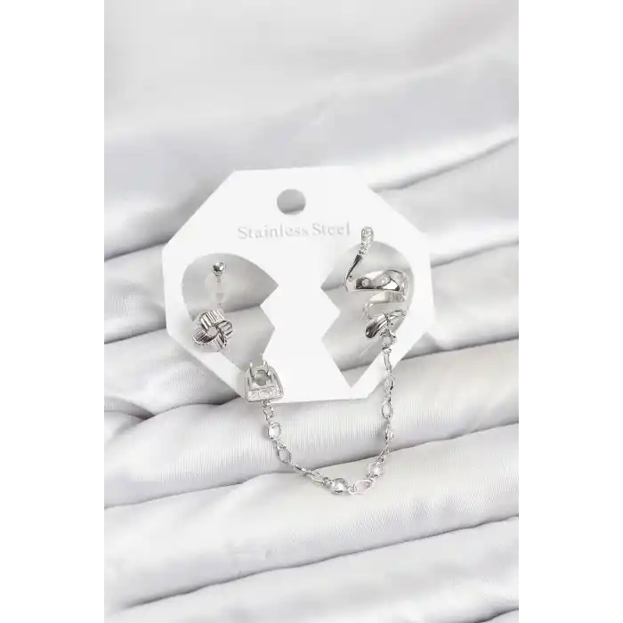 Pirinç Gümüş Renk Yılan Model Zincir Bağlantılı Ear Cuff Küpe Seti