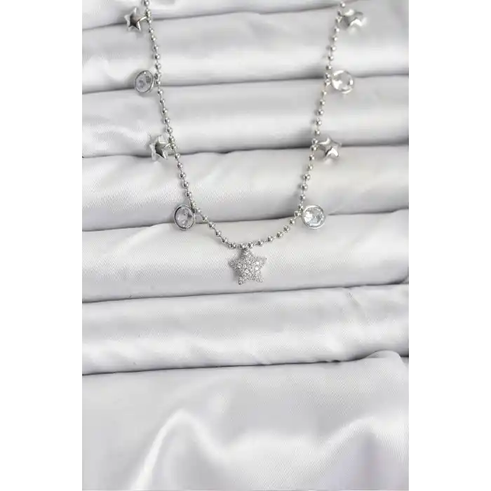 Pirinç Gümüş Renk Yıldız Model Kadın Kolye