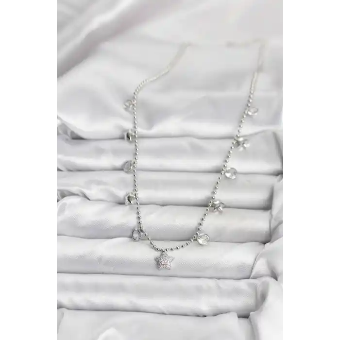 Pirinç Gümüş Renk Yıldız Model Kadın Kolye