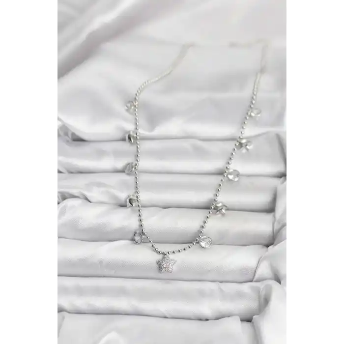 Pirinç Gümüş Renk Yıldız Model Kadın Kolye