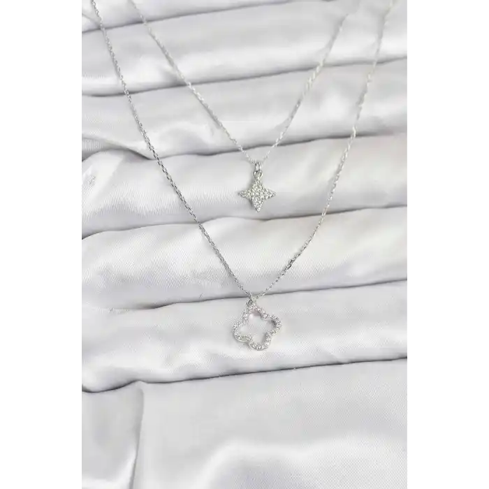 Pirinç Gümüş Renk Yonca Model 2li Kadın Kolye