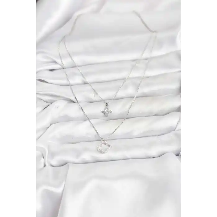 Pirinç Gümüş Renk Yonca Model 2li Kadın Kolye