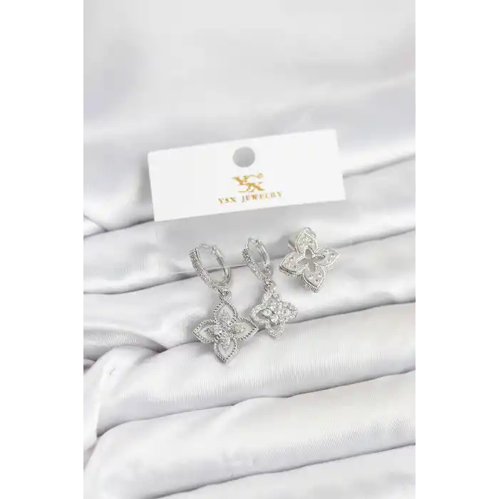 Pirinç Gümüş Renk Yonca Model YSX Trio Küpe Seti