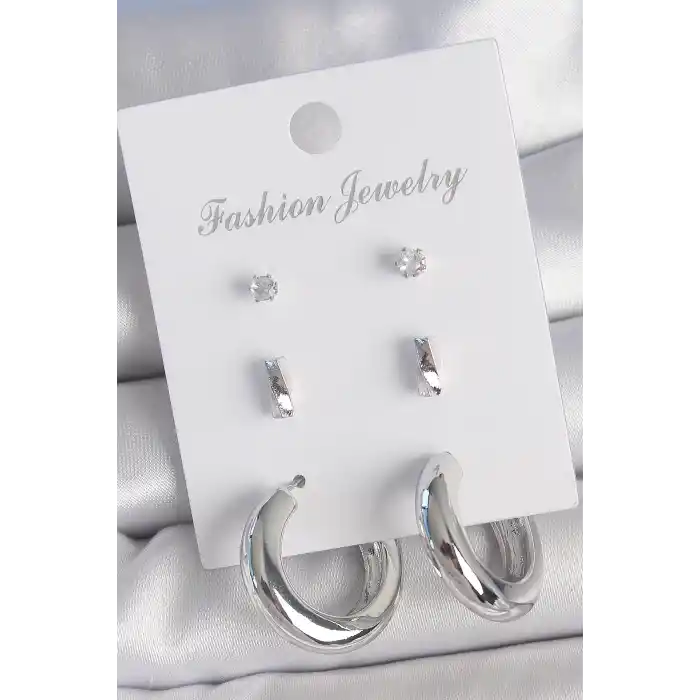 Pirinç Gümüş Renk Zirkon Taş Detay Halka Model 3 Çift Kadın Küpe Seti