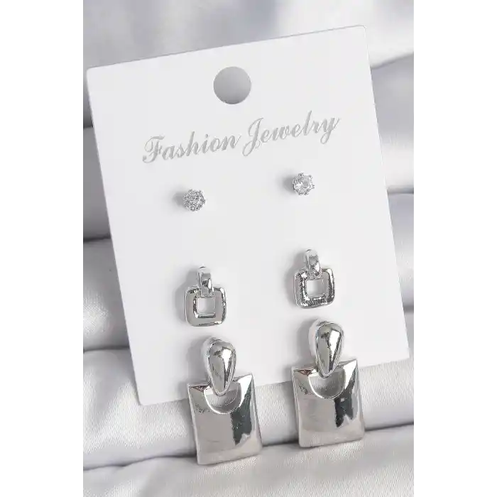 Pirinç Gümüş Renk Zirkon Taş Detay Sallantılı Kare Model 3 Çift Kadın Küpe Seti