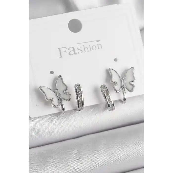 Pirinç Gümüş Renk Zirkon Taş Detaylı Beyaz Sedefli Kelebek Model Kadın Küpe