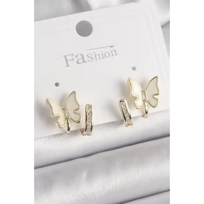 Pirinç Gümüş Renk Zirkon Taş Detaylı Beyaz Sedefli Kelebek Model Kadın Küpe