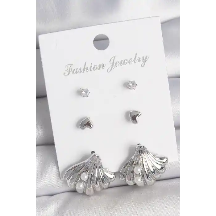 Pirinç Gümüş Renk Zirkon Taş Detaylı İnci Detaylı Deniz Kabuğu Model 3 Çift Kadın Küpe