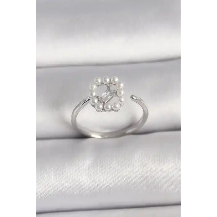 Pirinç Gümüş Renk Zirkon Taş Detaylı İncili Ayarlanabilir Yüzük