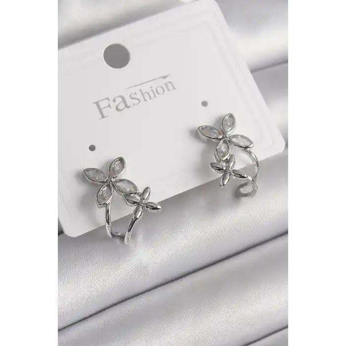 Pirinç Gümüş Renk Zirkon Taşlı 2Li Çiçek Model Kadın Küpe