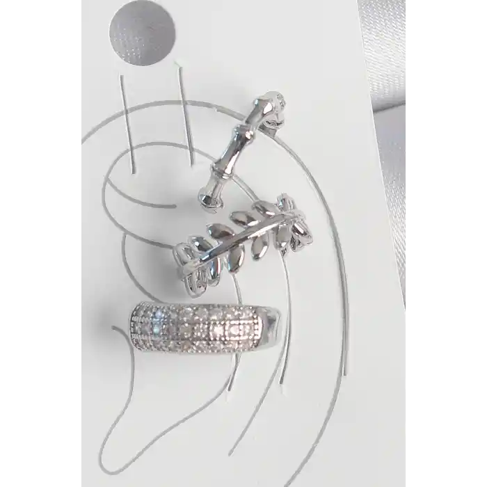 Pirinç Gümüş Renk Zirkon Taşlı 3Lü Model Yaprak Figür Kadın Kıkırdak Küpe