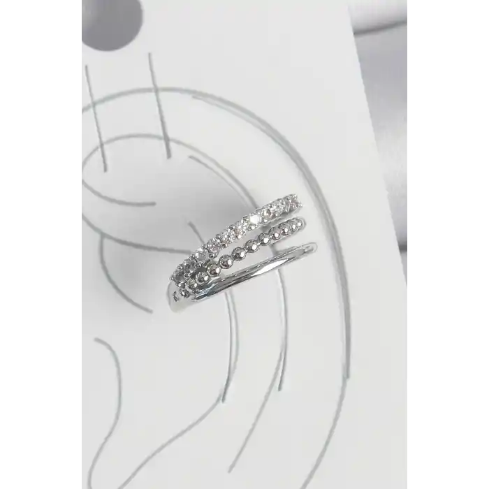 Pirinç Gümüş Renk Zirkon Taşlı 3Lü Sıralı Model Kadın Kıkırdak Küpe