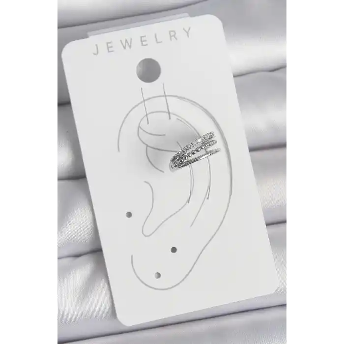 Pirinç Gümüş Renk Zirkon Taşlı 3Lü Sıralı Model Kadın Kıkırdak Küpe