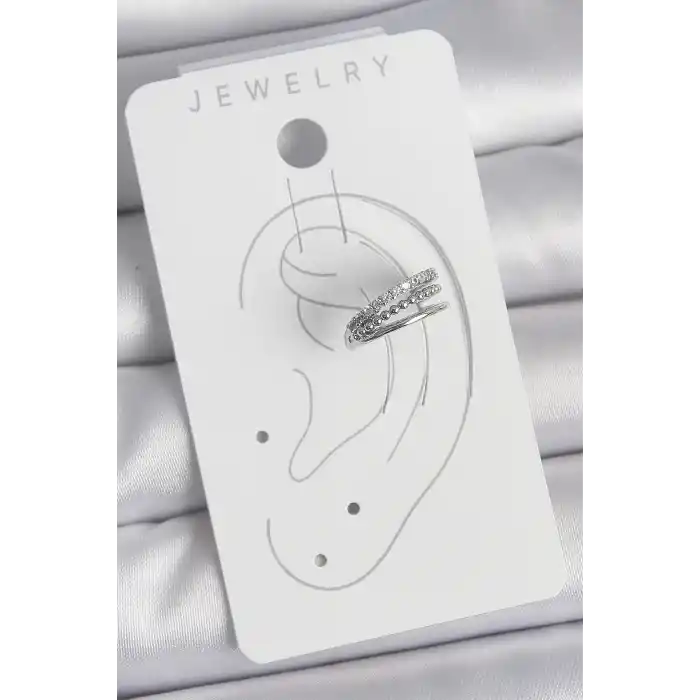 Pirinç Gümüş Renk Zirkon Taşlı 3Lü Sıralı Model Kadın Kıkırdak Küpe