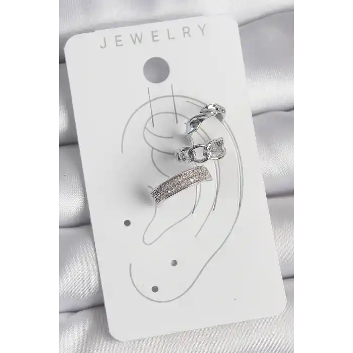 Pirinç Gümüş Renk Zirkon Taşlı 3Lü Zincir Sarmal Model Kadın Kıkırdak Küpe