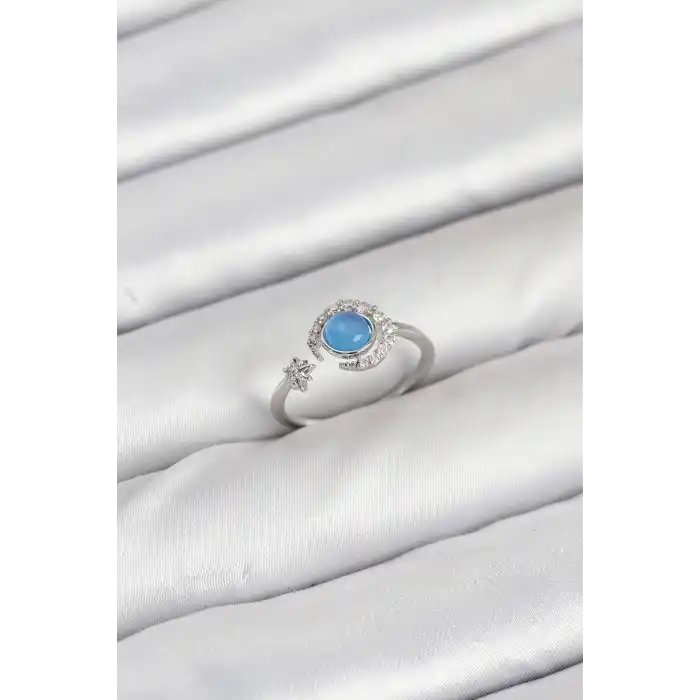 Pirinç Gümüş Renk Zirkon Taşlı Ay Yıldız Kadın Yüzük