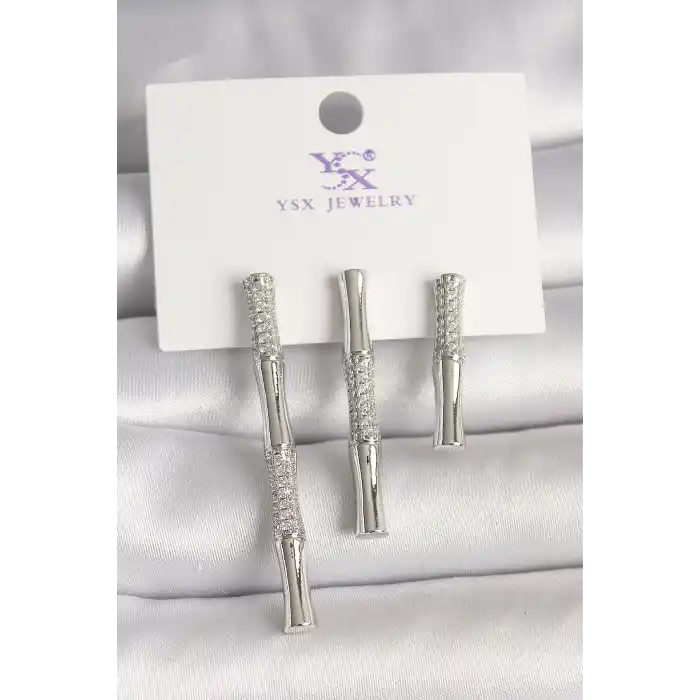 Pirinç Gümüş Renk Zirkon Taşlı Bambu Model 3Lü Kadın Kombin Küpe