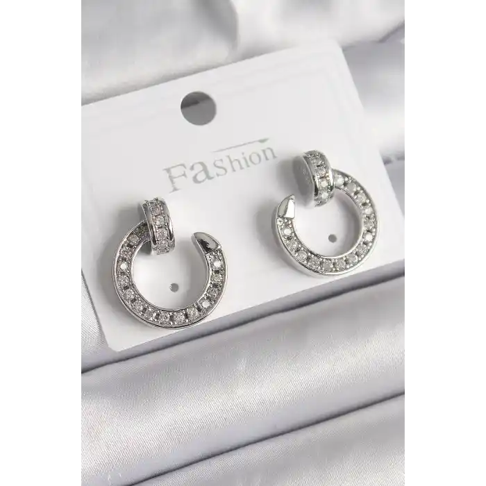 Pirinç Gümüş Renk Zirkon Taşlı Çivi Halka Model Kadın Küpe