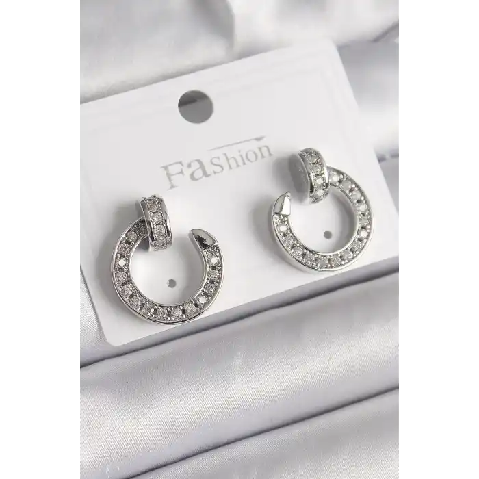 Pirinç Gümüş Renk Zirkon Taşlı Çivi Halka Model Kadın Küpe