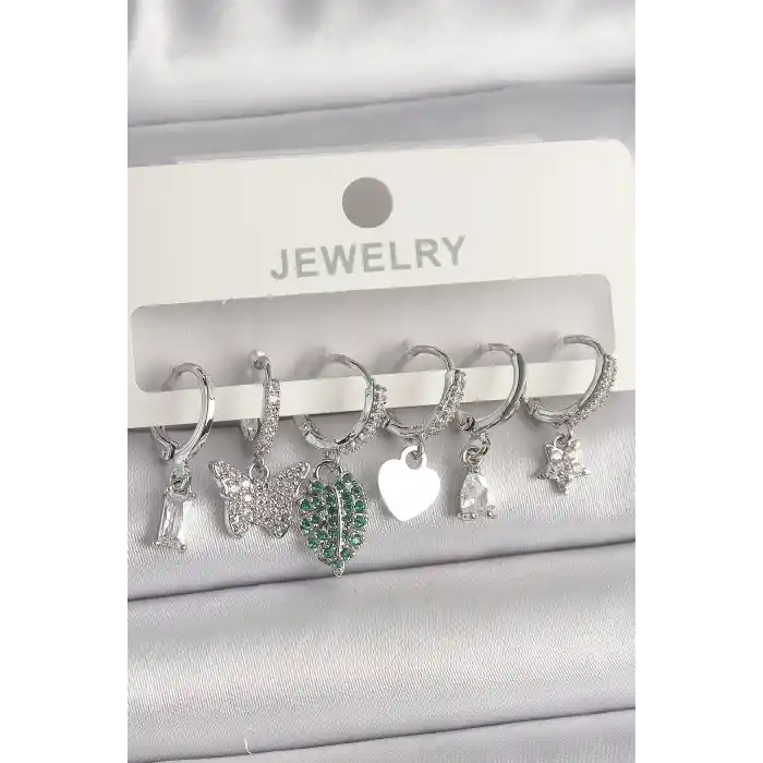 Pirinç Gümüş Renk Zirkon Taşlı Çoklu Figür Kadın Küpe Seti