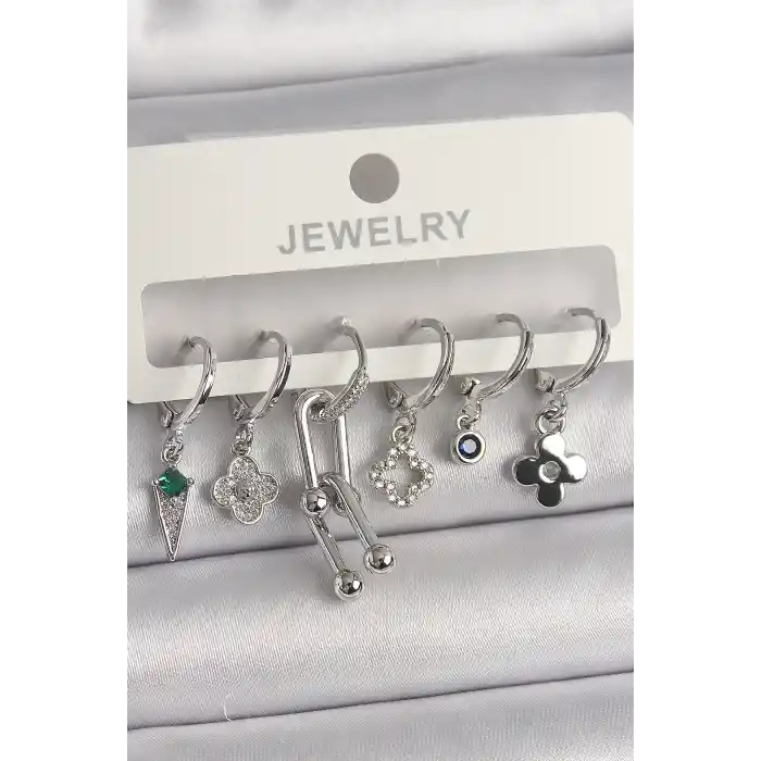 Pirinç Gümüş Renk Zirkon Taşlı Çoklu Figür Kadın Küpe Seti