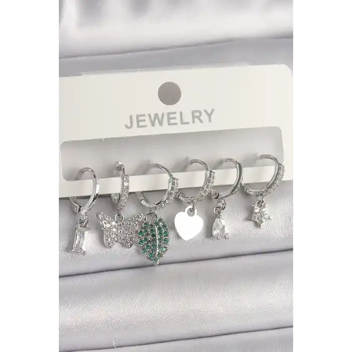 Pirinç Gümüş Renk Zirkon Taşlı Çoklu Figür Kadın Küpe Seti