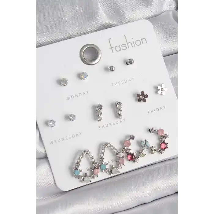 Pirinç Gümüş Renk Zirkon Taşlı Damla Model Çiçek Detay 7 Çift Kadın Küpe Seti