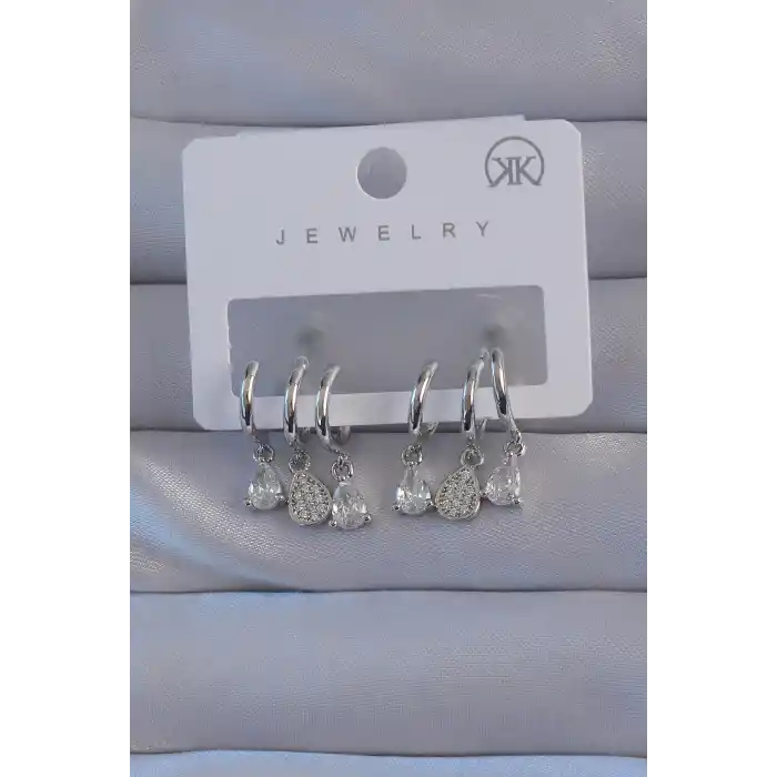 Pirinç Gümüş Renk Zirkon Taşlı Damla Model Çoklu Görünüm Yarım Halka Küpe