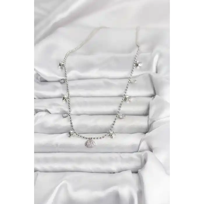 Pirinç Gümüş Renk Zirkon Taşlı Deniz Kabuğu Model Kadın Kolye