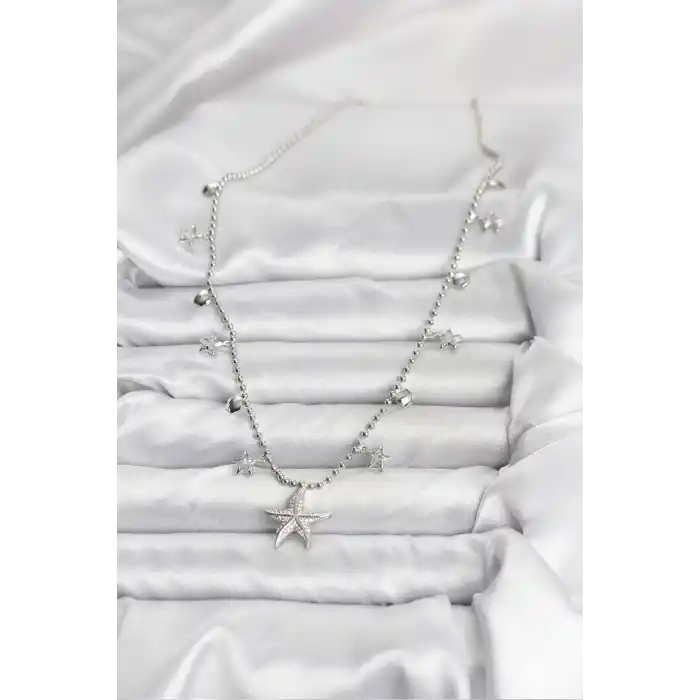 Pirinç Gümüş Renk Zirkon Taşlı Deniz Yıldızı Model Kadın Kolye