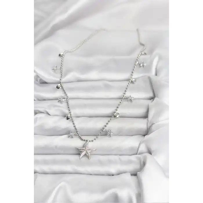 Pirinç Gümüş Renk Zirkon Taşlı Deniz Yıldızı Model Kadın Kolye