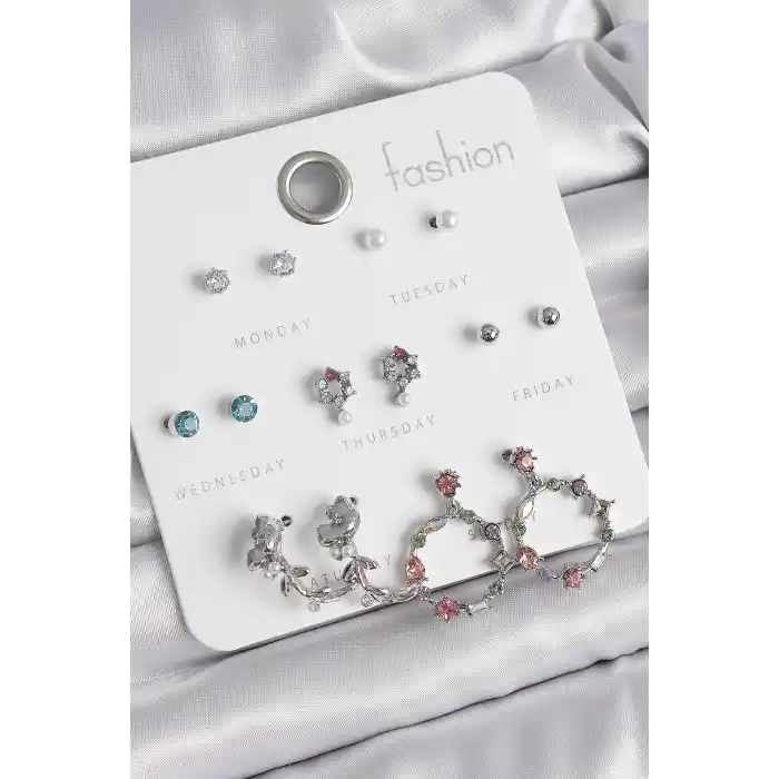 Pirinç Gümüş Renk Zirkon Taşlı Gül Figür Halka Model 7 Çift Kadın Küpe Seti