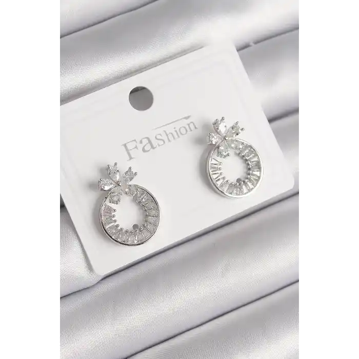 Pirinç Gümüş Renk Zirkon Taşlı Halka Model Çiçek Figür Kadın Küpe