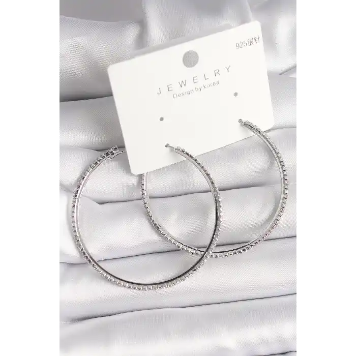 Pirinç Gümüş Renk Zirkon Taşlı Halka Model Kadın Küpe