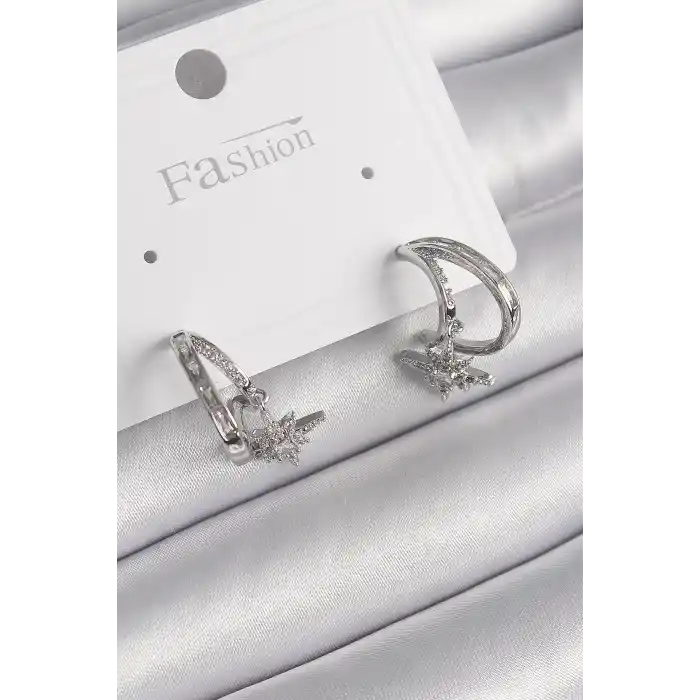 Pirinç Gümüş Renk Zirkon Taşlı Halka Model Sallantı Yıldız Detay Kadın Küpe