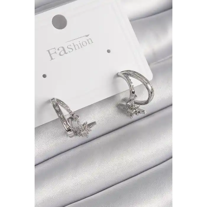 Pirinç Gümüş Renk Zirkon Taşlı Halka Model Sallantı Yıldız Detay Kadın Küpe