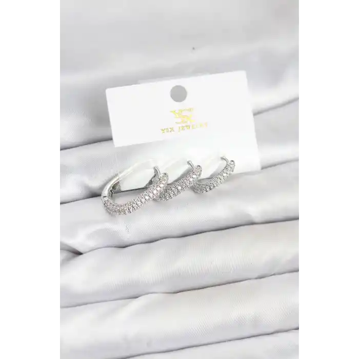 Pirinç Gümüş Renk Zirkon Taşlı Halka Model YSX Trio Küpe Seti