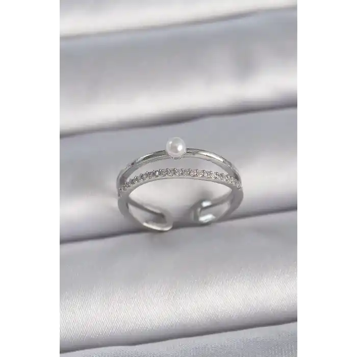 Pirinç Gümüş Renk Zirkon Taşlı İnci Detay Ayarlanabilir Model Kadın Yüzük