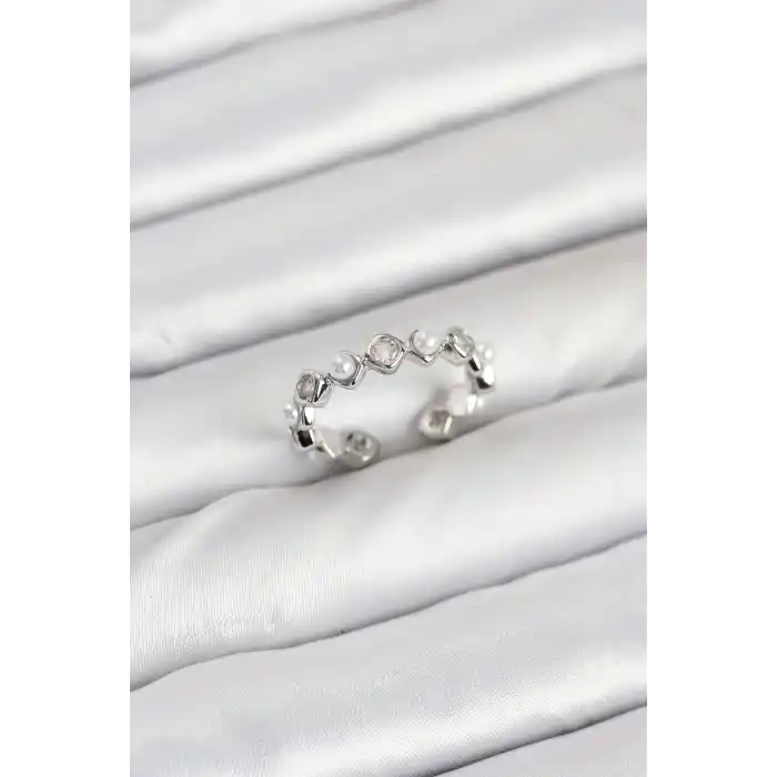 Pirinç Gümüş Renk Zirkon Taşlı İncili Kadın Yüzük