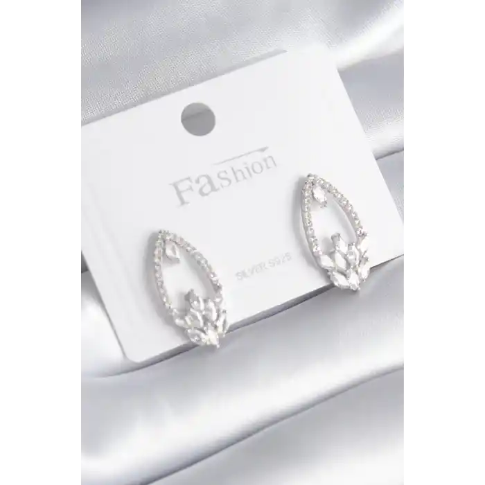 Pirinç Gümüş Renk Zirkon Taşlı Kadın Küpe