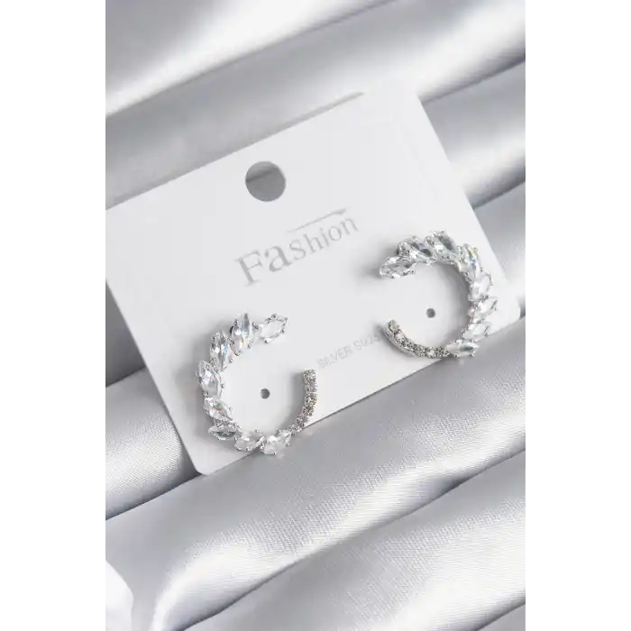 Pirinç Gümüş Renk Zirkon Taşlı Kadın Küpe