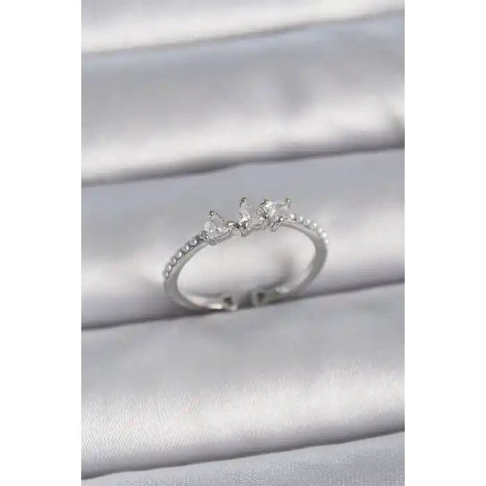 Pirinç Gümüş Renk Zirkon Taşlı Kalp İnci Detay Ayarlanabilir Model Kadın Yüzük