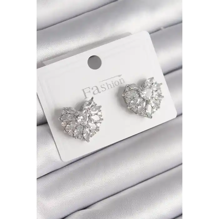 Pirinç Gümüş Renk Zirkon Taşlı Kalp Model Kadın Küpe