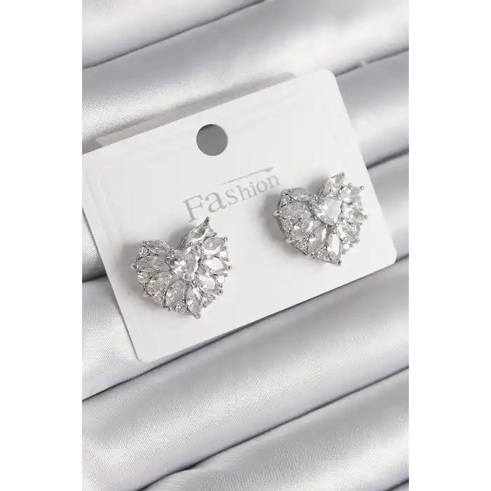 Pirinç Gümüş Renk Zirkon Taşlı Kalp Model Kadın Küpe