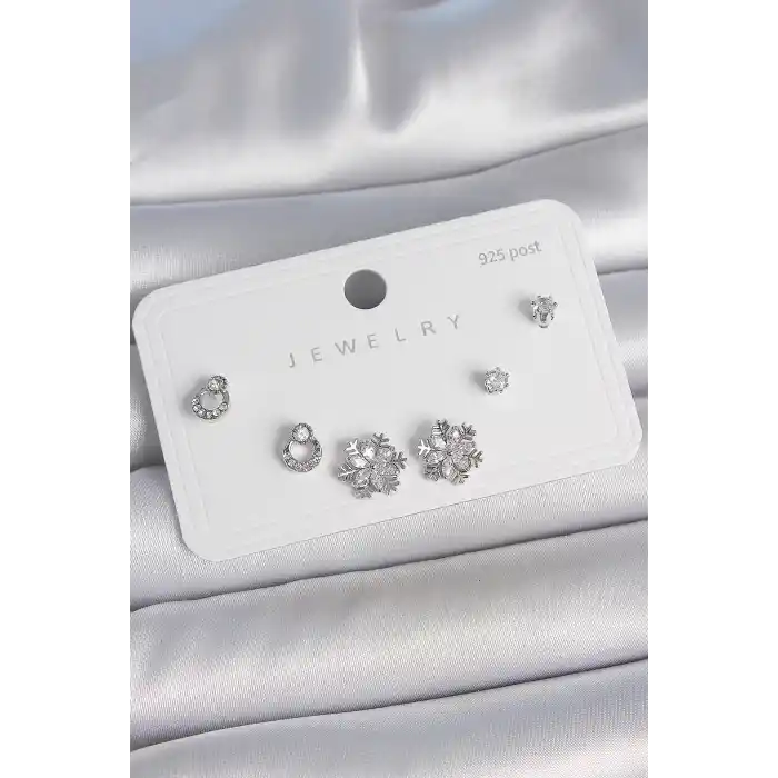 Pirinç Gümüş Renk Zirkon Taşlı Kar Tanesi Model 925 Ayar Gümüş Çivi Kadın Küpe Seti