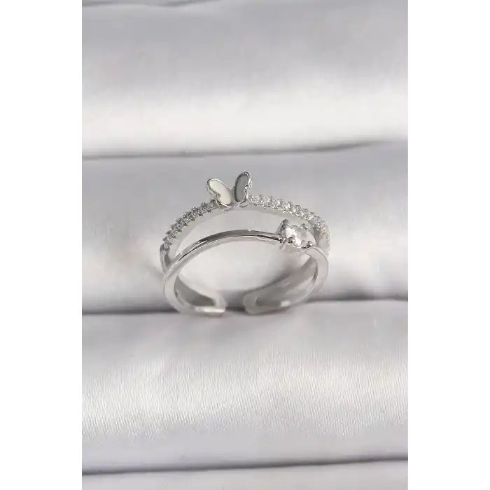 Pirinç Gümüş Renk Zirkon Taşlı Kelebek Figürlü Ayarlanabilir Yüzük