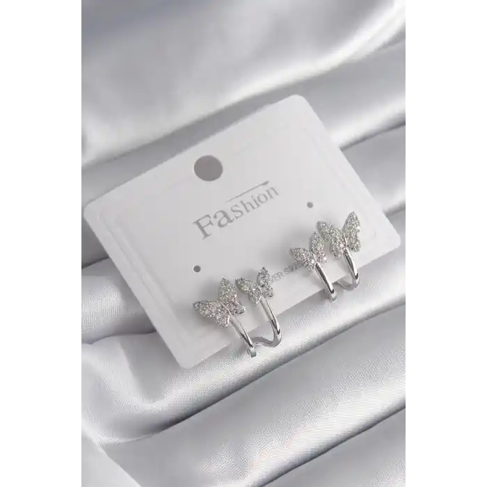 Pirinç Gümüş Renk Zirkon Taşlı Kelebek Model Kadın Küpe