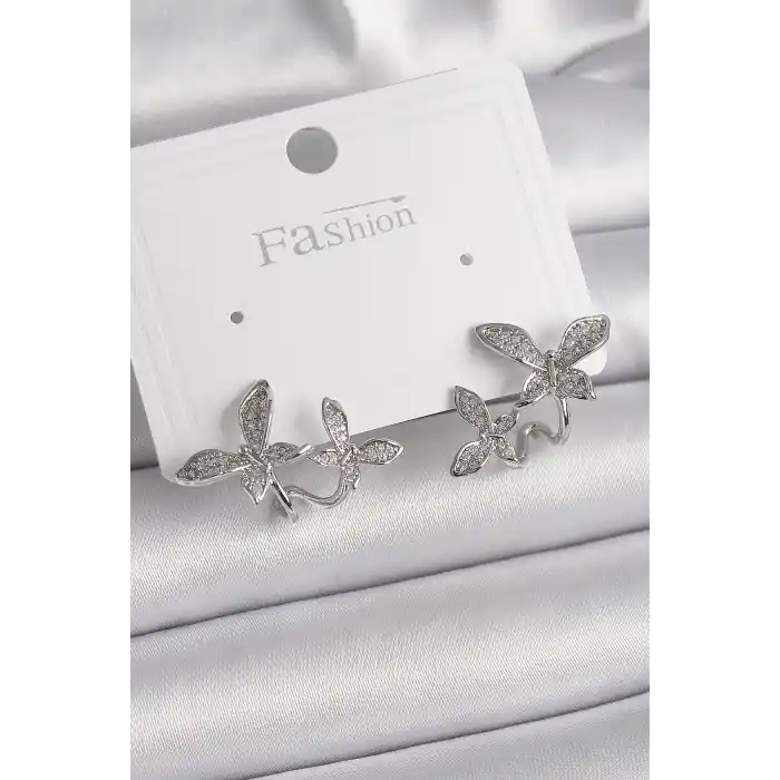 Pirinç Gümüş Renk Zirkon Taşlı Kelebek Model Kadın Küpe