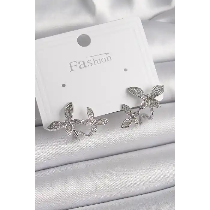 Pirinç Gümüş Renk Zirkon Taşlı Kelebek Model Kadın Küpe