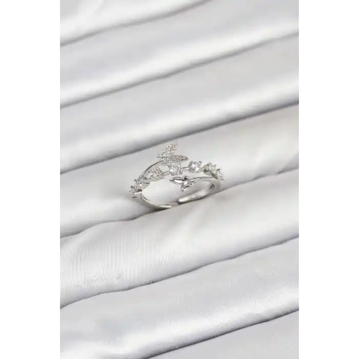 Pirinç Gümüş Renk Zirkon Taşlı Kelebek Model Kadın Yüzük